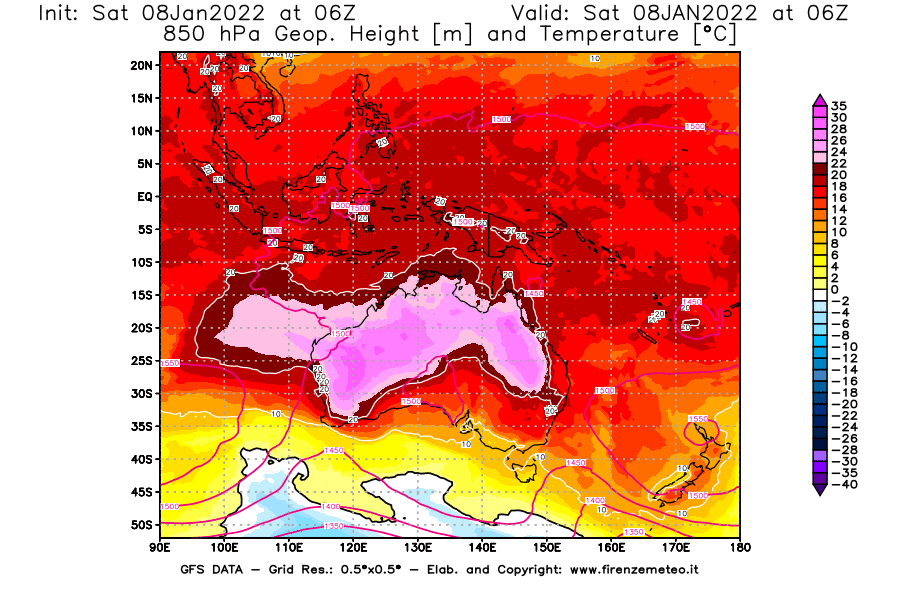 Mappa di analisi GFS - Geopotenziale [m] e Temperatura [°C] a 850 hPa in Oceania
							del 08/01/2022 06 <!--googleoff: index-->UTC<!--googleon: index-->