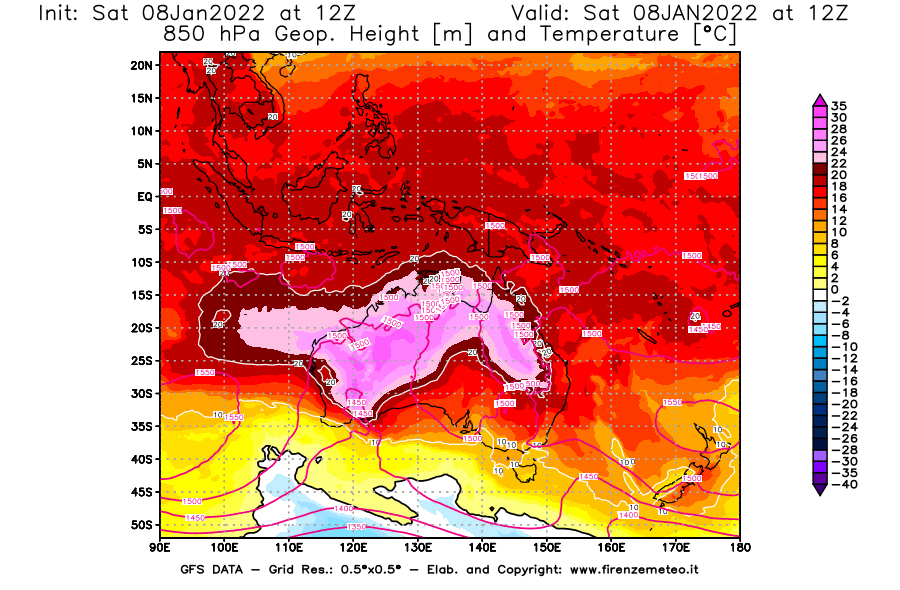 Mappa di analisi GFS - Geopotenziale [m] e Temperatura [°C] a 850 hPa in Oceania
							del 08/01/2022 12 <!--googleoff: index-->UTC<!--googleon: index-->