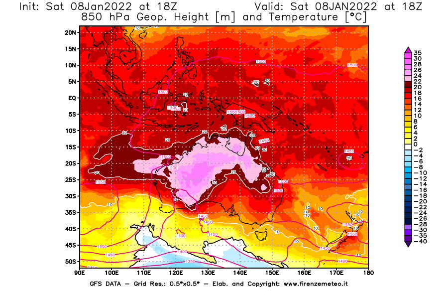 Mappa di analisi GFS - Geopotenziale [m] e Temperatura [°C] a 850 hPa in Oceania
							del 08/01/2022 18 <!--googleoff: index-->UTC<!--googleon: index-->
