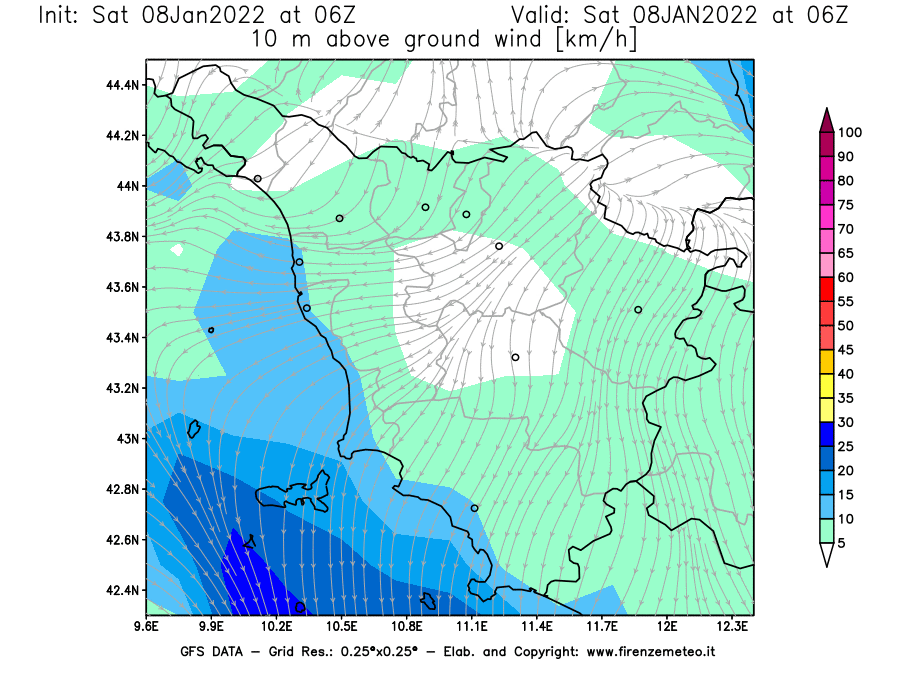Mappa di analisi GFS - Velocità del vento a 10 metri dal suolo [km/h] in Toscana
							del 08/01/2022 06 <!--googleoff: index-->UTC<!--googleon: index-->