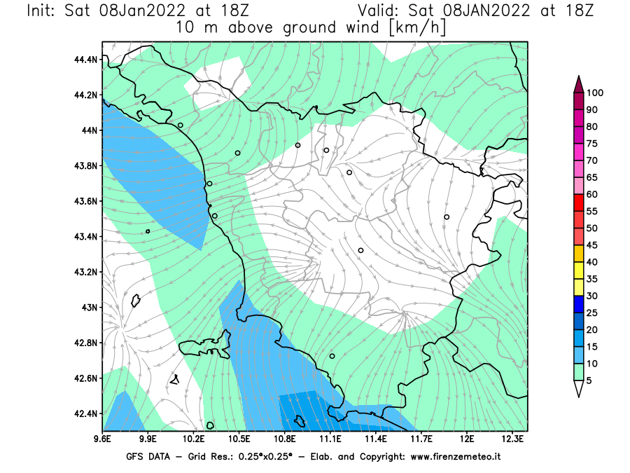 Mappa di analisi GFS - Velocità del vento a 10 metri dal suolo [km/h] in Toscana
							del 08/01/2022 18 <!--googleoff: index-->UTC<!--googleon: index-->