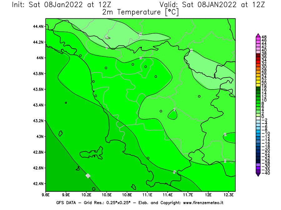 Mappa di analisi GFS - Temperatura a 2 metri dal suolo [°C] in Toscana
							del 08/01/2022 12 <!--googleoff: index-->UTC<!--googleon: index-->