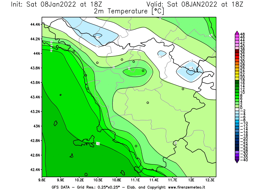 Mappa di analisi GFS - Temperatura a 2 metri dal suolo [°C] in Toscana
							del 08/01/2022 18 <!--googleoff: index-->UTC<!--googleon: index-->