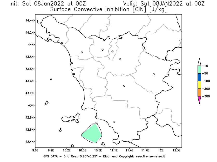 Mappa di analisi GFS - CIN [J/kg] in Toscana
							del 08/01/2022 00 <!--googleoff: index-->UTC<!--googleon: index-->