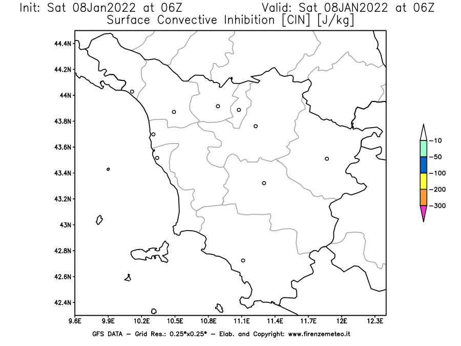 Mappa di analisi GFS - CIN [J/kg] in Toscana
							del 08/01/2022 06 <!--googleoff: index-->UTC<!--googleon: index-->