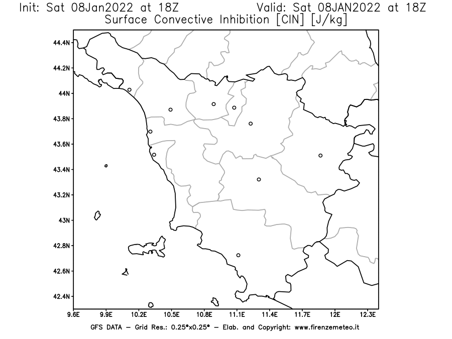 Mappa di analisi GFS - CIN [J/kg] in Toscana
							del 08/01/2022 18 <!--googleoff: index-->UTC<!--googleon: index-->