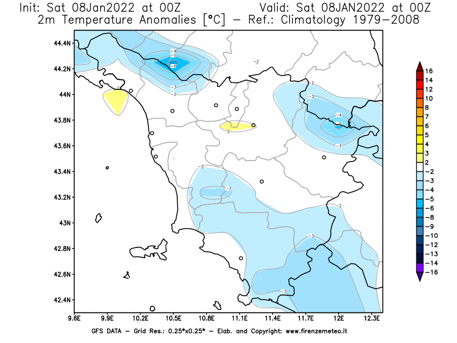 Mappa di analisi GFS - Anomalia Temperatura [°C] a 2 m in Toscana
							del 08/01/2022 00 <!--googleoff: index-->UTC<!--googleon: index-->