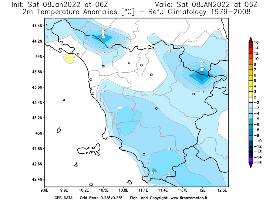 Mappa di analisi GFS - Anomalia Temperatura [°C] a 2 m in Toscana
							del 08/01/2022 06 <!--googleoff: index-->UTC<!--googleon: index-->