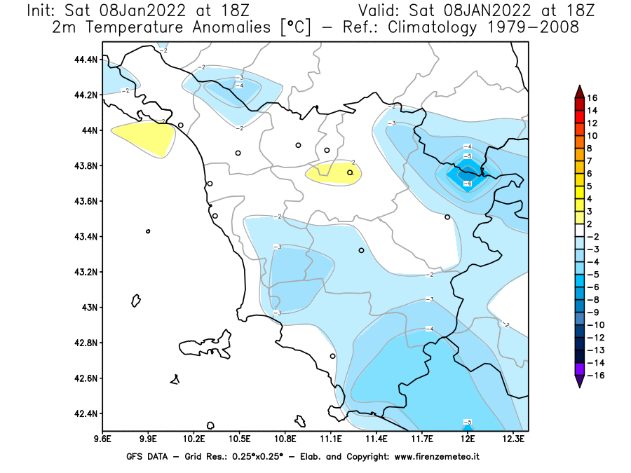 Mappa di analisi GFS - Anomalia Temperatura [°C] a 2 m in Toscana
							del 08/01/2022 18 <!--googleoff: index-->UTC<!--googleon: index-->