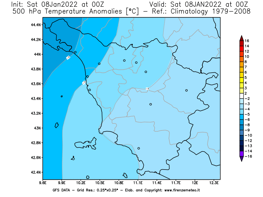 Mappa di analisi GFS - Anomalia Temperatura [°C] a 500 hPa in Toscana
							del 08/01/2022 00 <!--googleoff: index-->UTC<!--googleon: index-->