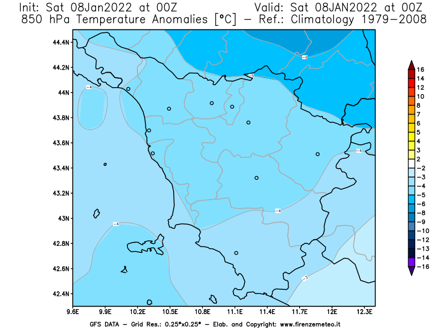 Mappa di analisi GFS - Anomalia Temperatura [°C] a 850 hPa in Toscana
							del 08/01/2022 00 <!--googleoff: index-->UTC<!--googleon: index-->