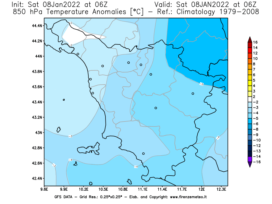 Mappa di analisi GFS - Anomalia Temperatura [°C] a 850 hPa in Toscana
							del 08/01/2022 06 <!--googleoff: index-->UTC<!--googleon: index-->