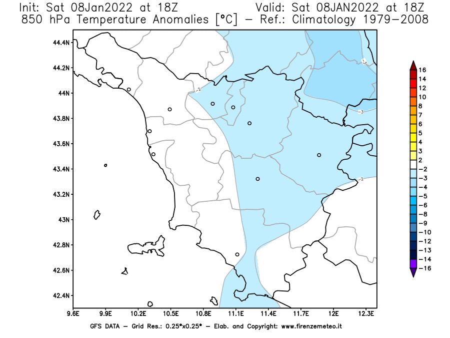 Mappa di analisi GFS - Anomalia Temperatura [°C] a 850 hPa in Toscana
							del 08/01/2022 18 <!--googleoff: index-->UTC<!--googleon: index-->