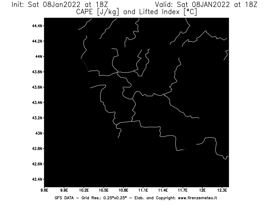 Mappa di analisi GFS - CAPE [J/kg] e Lifted Index [°C] in Toscana
							del 08/01/2022 18 <!--googleoff: index-->UTC<!--googleon: index-->