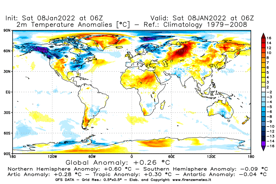 Mappa di analisi GFS - Anomalia Temperatura [°C] a 2 m in World
							del 08/01/2022 06 <!--googleoff: index-->UTC<!--googleon: index-->