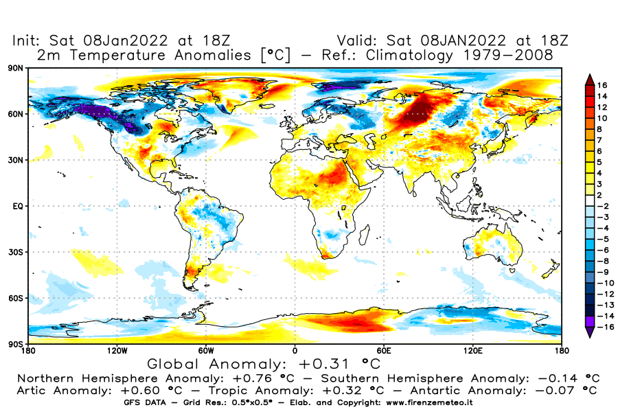 Mappa di analisi GFS - Anomalia Temperatura [°C] a 2 m in World
							del 08/01/2022 18 <!--googleoff: index-->UTC<!--googleon: index-->