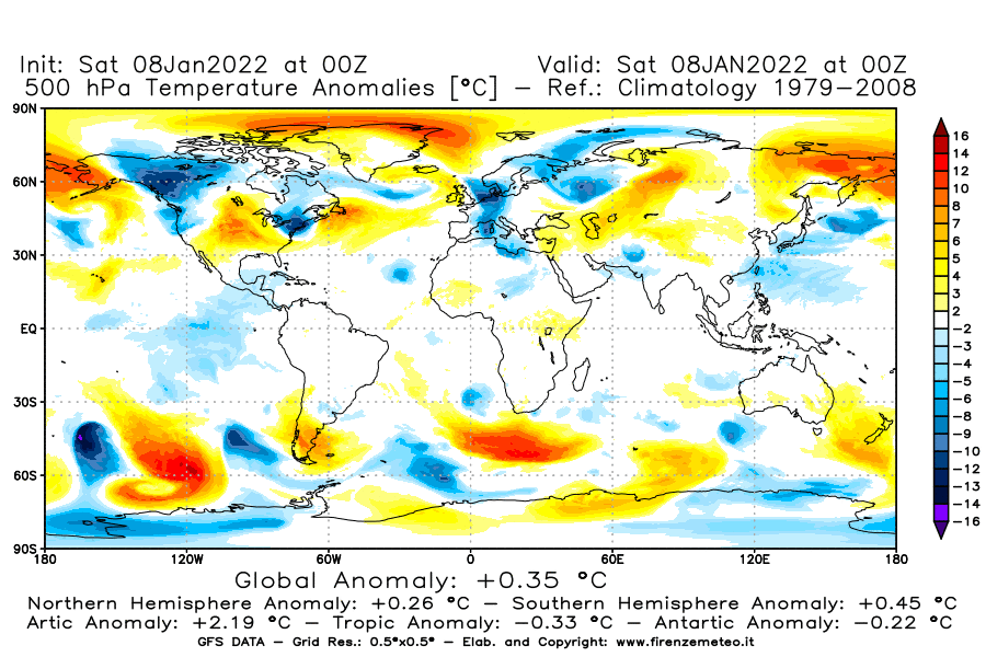 Mappa di analisi GFS - Anomalia Temperatura [°C] a 500 hPa in World
							del 08/01/2022 00 <!--googleoff: index-->UTC<!--googleon: index-->