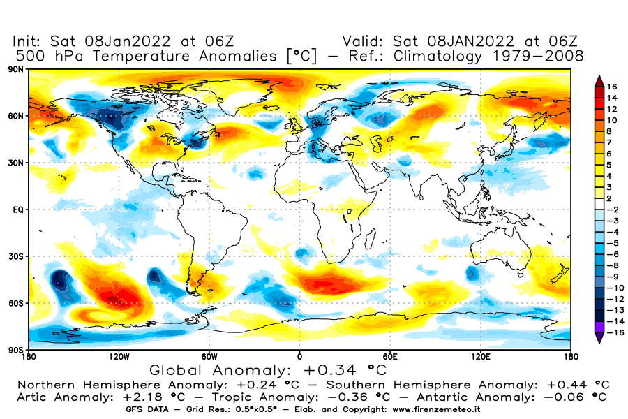 Mappa di analisi GFS - Anomalia Temperatura [°C] a 500 hPa in World
							del 08/01/2022 06 <!--googleoff: index-->UTC<!--googleon: index-->