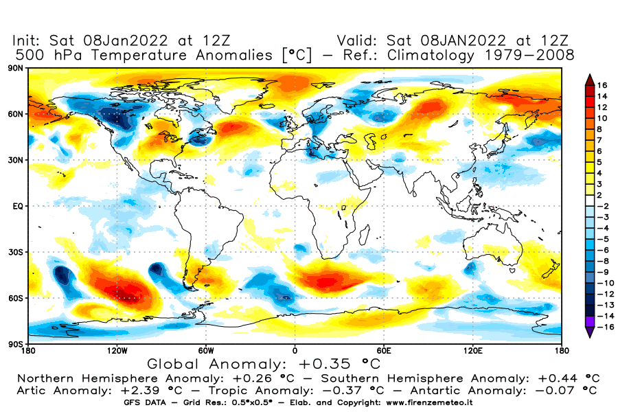 Mappa di analisi GFS - Anomalia Temperatura [°C] a 500 hPa in World
							del 08/01/2022 12 <!--googleoff: index-->UTC<!--googleon: index-->