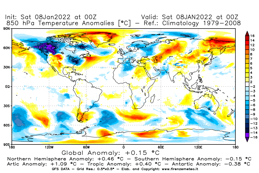 Mappa di analisi GFS - Anomalia Temperatura [°C] a 850 hPa in World
							del 08/01/2022 00 <!--googleoff: index-->UTC<!--googleon: index-->