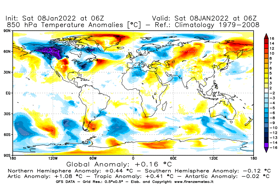 Mappa di analisi GFS - Anomalia Temperatura [°C] a 850 hPa in World
							del 08/01/2022 06 <!--googleoff: index-->UTC<!--googleon: index-->