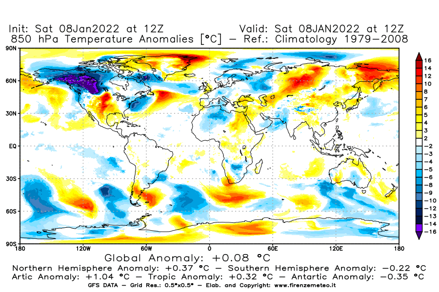 Mappa di analisi GFS - Anomalia Temperatura [°C] a 850 hPa in World
							del 08/01/2022 12 <!--googleoff: index-->UTC<!--googleon: index-->