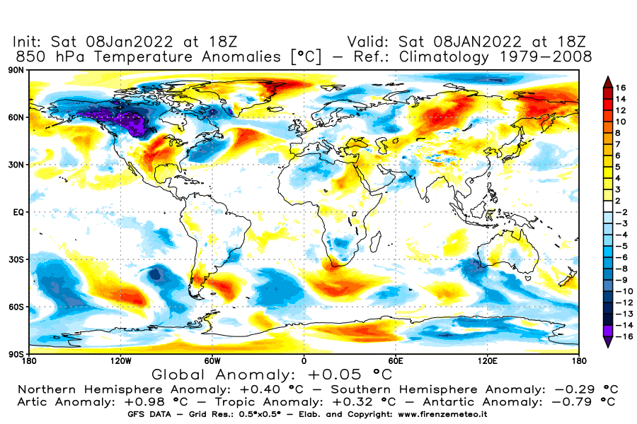 Mappa di analisi GFS - Anomalia Temperatura [°C] a 850 hPa in World
							del 08/01/2022 18 <!--googleoff: index-->UTC<!--googleon: index-->