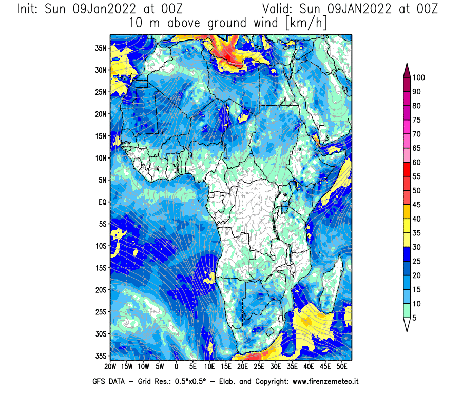 Mappa di analisi GFS - Velocità del vento a 10 metri dal suolo [km/h] in Africa
							del 09/01/2022 00 <!--googleoff: index-->UTC<!--googleon: index-->