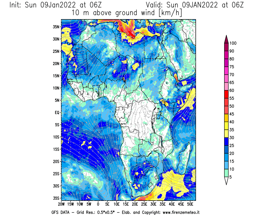 Mappa di analisi GFS - Velocità del vento a 10 metri dal suolo [km/h] in Africa
							del 09/01/2022 06 <!--googleoff: index-->UTC<!--googleon: index-->