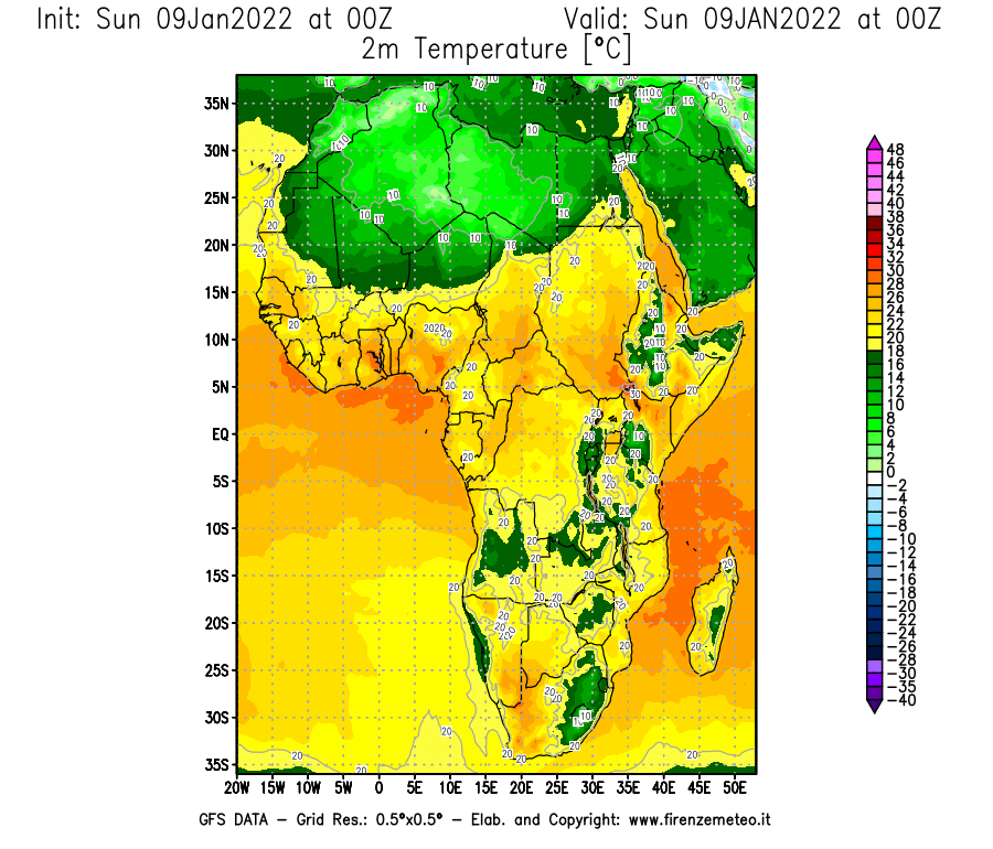 Mappa di analisi GFS - Temperatura a 2 metri dal suolo [°C] in Africa
							del 09/01/2022 00 <!--googleoff: index-->UTC<!--googleon: index-->