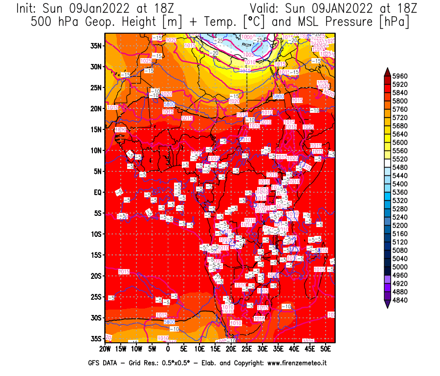 Mappa di analisi GFS - Geopotenziale [m] + Temp. [°C] a 500 hPa + Press. a livello del mare [hPa] in Africa
							del 09/01/2022 18 <!--googleoff: index-->UTC<!--googleon: index-->