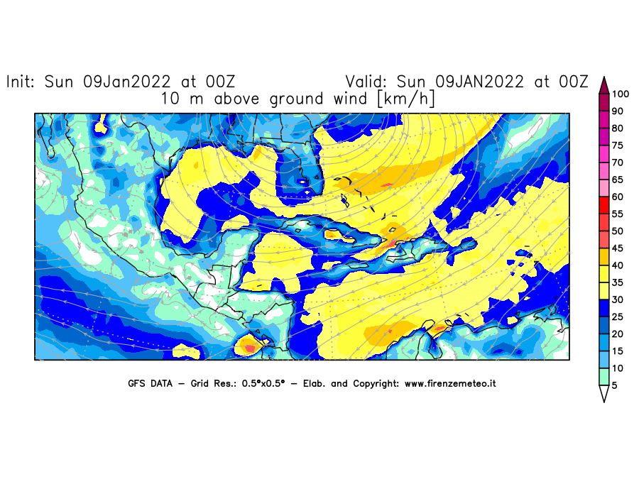 Mappa di analisi GFS - Velocità del vento a 10 metri dal suolo [km/h] in Centro-America
							del 09/01/2022 00 <!--googleoff: index-->UTC<!--googleon: index-->