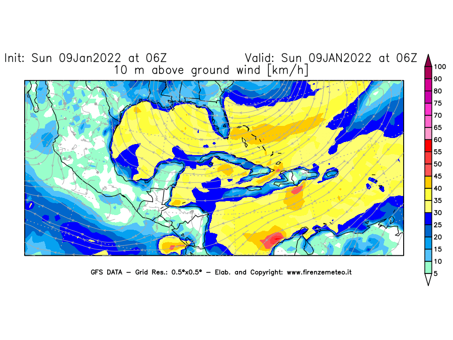 Mappa di analisi GFS - Velocità del vento a 10 metri dal suolo [km/h] in Centro-America
							del 09/01/2022 06 <!--googleoff: index-->UTC<!--googleon: index-->
