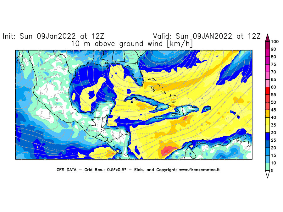 Mappa di analisi GFS - Velocità del vento a 10 metri dal suolo [km/h] in Centro-America
							del 09/01/2022 12 <!--googleoff: index-->UTC<!--googleon: index-->