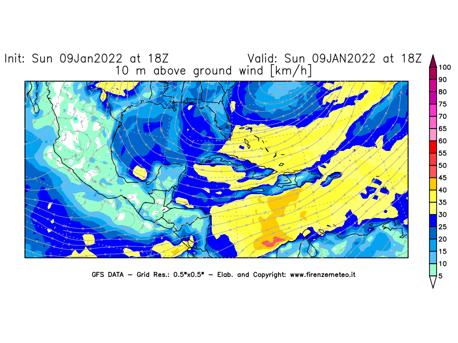 Mappa di analisi GFS - Velocità del vento a 10 metri dal suolo [km/h] in Centro-America
							del 09/01/2022 18 <!--googleoff: index-->UTC<!--googleon: index-->