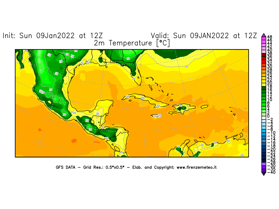Mappa di analisi GFS - Temperatura a 2 metri dal suolo [°C] in Centro-America
							del 09/01/2022 12 <!--googleoff: index-->UTC<!--googleon: index-->