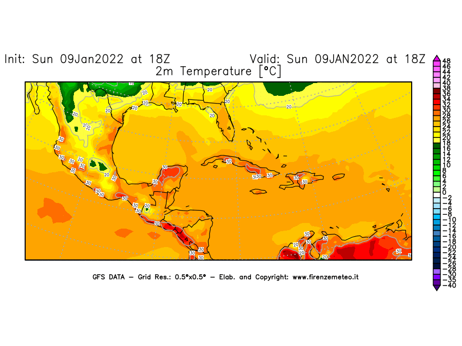 Mappa di analisi GFS - Temperatura a 2 metri dal suolo [°C] in Centro-America
							del 09/01/2022 18 <!--googleoff: index-->UTC<!--googleon: index-->