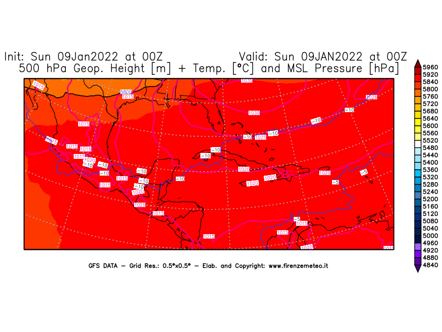 Mappa di analisi GFS - Geopotenziale [m] + Temp. [°C] a 500 hPa + Press. a livello del mare [hPa] in Centro-America
							del 09/01/2022 00 <!--googleoff: index-->UTC<!--googleon: index-->
