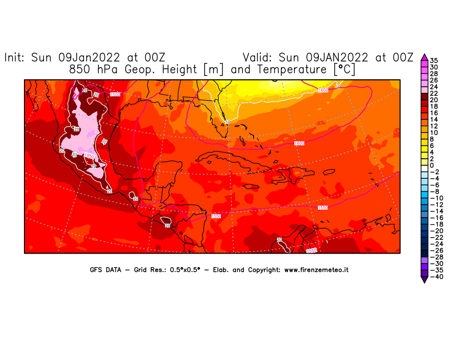 Mappa di analisi GFS - Geopotenziale [m] e Temperatura [°C] a 850 hPa in Centro-America
							del 09/01/2022 00 <!--googleoff: index-->UTC<!--googleon: index-->
