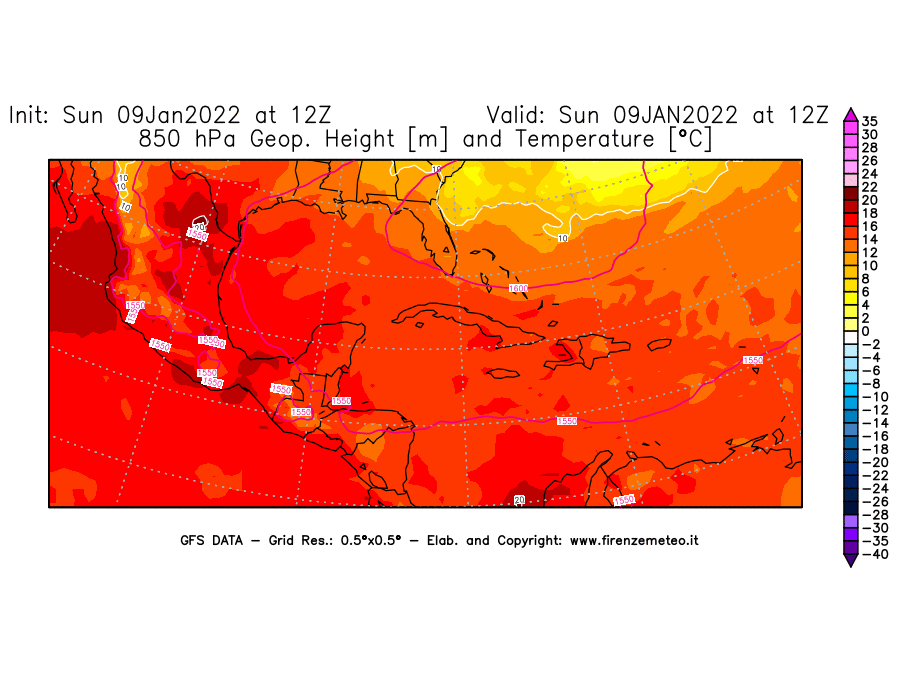 Mappa di analisi GFS - Geopotenziale [m] e Temperatura [°C] a 850 hPa in Centro-America
							del 09/01/2022 12 <!--googleoff: index-->UTC<!--googleon: index-->