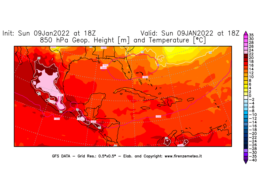 Mappa di analisi GFS - Geopotenziale [m] e Temperatura [°C] a 850 hPa in Centro-America
							del 09/01/2022 18 <!--googleoff: index-->UTC<!--googleon: index-->