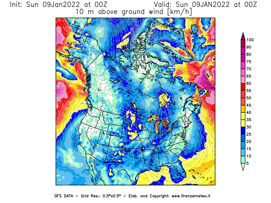 Mappa di analisi GFS - Velocità del vento a 10 metri dal suolo [km/h] in Nord-America
							del 09/01/2022 00 <!--googleoff: index-->UTC<!--googleon: index-->