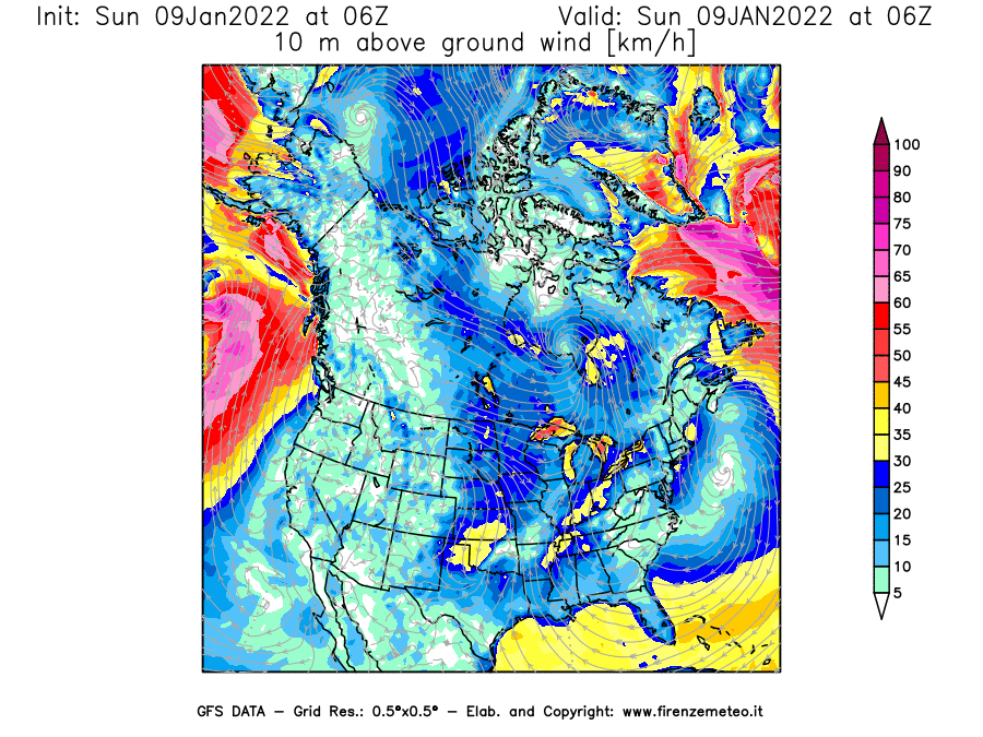 Mappa di analisi GFS - Velocità del vento a 10 metri dal suolo [km/h] in Nord-America
							del 09/01/2022 06 <!--googleoff: index-->UTC<!--googleon: index-->