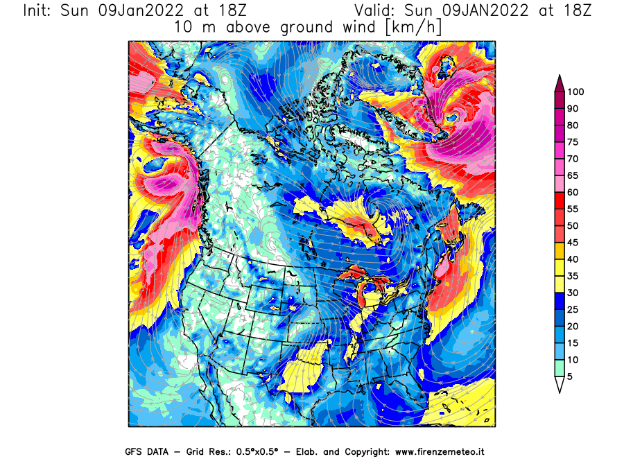 Mappa di analisi GFS - Velocità del vento a 10 metri dal suolo [km/h] in Nord-America
							del 09/01/2022 18 <!--googleoff: index-->UTC<!--googleon: index-->