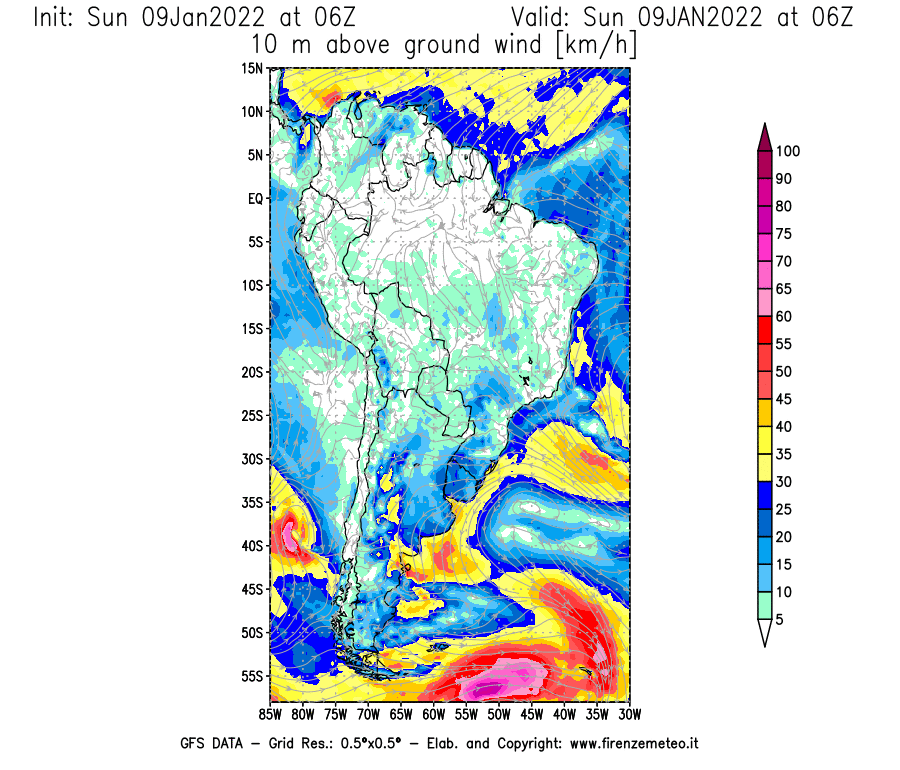 Mappa di analisi GFS - Velocità del vento a 10 metri dal suolo [km/h] in Sud-America
							del 09/01/2022 06 <!--googleoff: index-->UTC<!--googleon: index-->