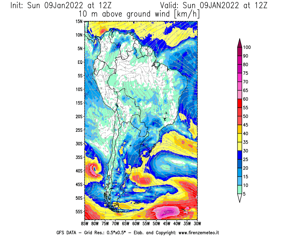Mappa di analisi GFS - Velocità del vento a 10 metri dal suolo [km/h] in Sud-America
							del 09/01/2022 12 <!--googleoff: index-->UTC<!--googleon: index-->