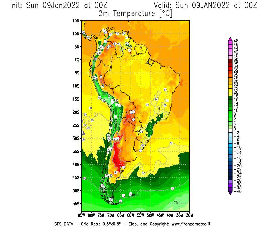 Mappa di analisi GFS - Temperatura a 2 metri dal suolo [°C] in Sud-America
							del 09/01/2022 00 <!--googleoff: index-->UTC<!--googleon: index-->