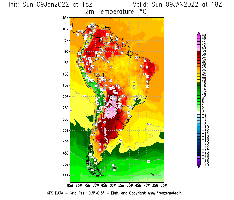 Mappa di analisi GFS - Temperatura a 2 metri dal suolo [°C] in Sud-America
							del 09/01/2022 18 <!--googleoff: index-->UTC<!--googleon: index-->