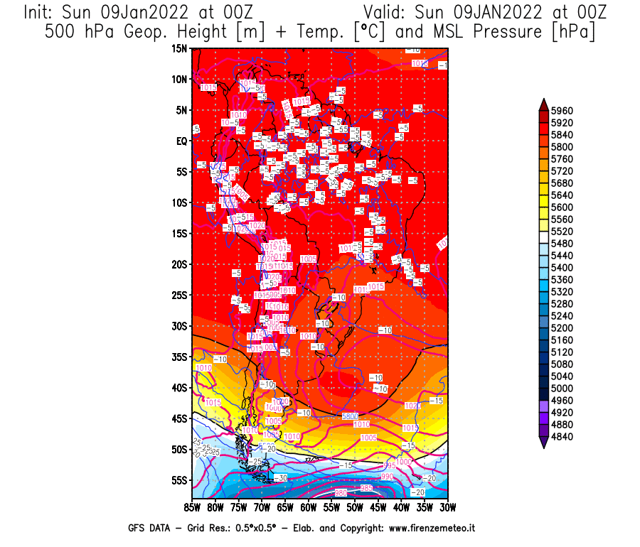 Mappa di analisi GFS - Geopotenziale [m] + Temp. [°C] a 500 hPa + Press. a livello del mare [hPa] in Sud-America
							del 09/01/2022 00 <!--googleoff: index-->UTC<!--googleon: index-->