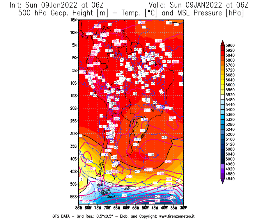 Mappa di analisi GFS - Geopotenziale [m] + Temp. [°C] a 500 hPa + Press. a livello del mare [hPa] in Sud-America
							del 09/01/2022 06 <!--googleoff: index-->UTC<!--googleon: index-->